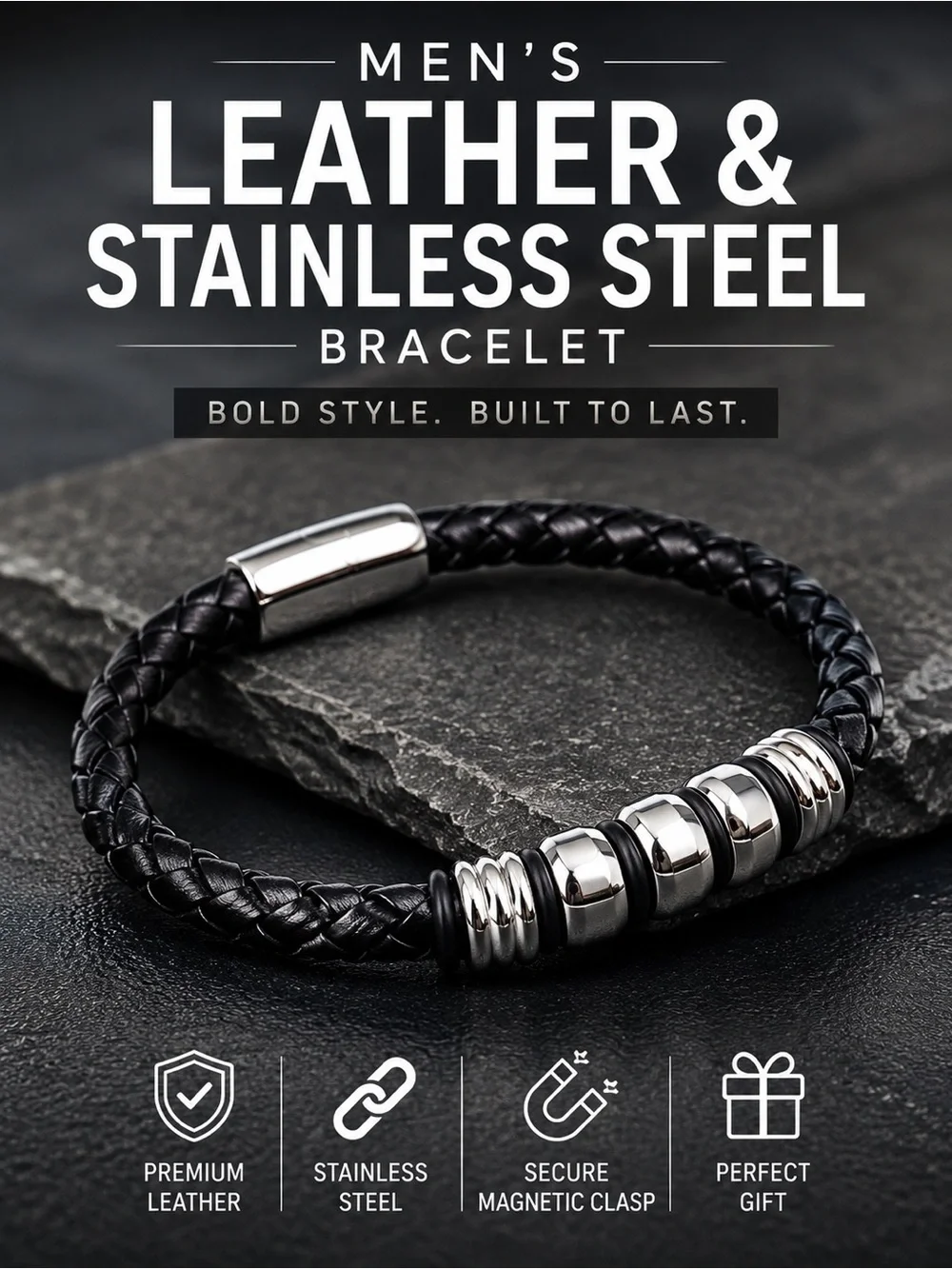 Men’s Braided Leather & Stainless Steel Bracelet – Black | Modern Style